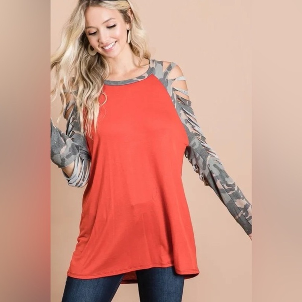 BiBi Jersey Knit Top with Camouflage Laser Cut Sleeves